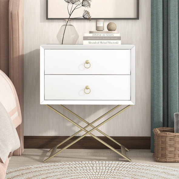 Nightstand with 2 Drawers & Golden Handle，Storage Bedside Table - White