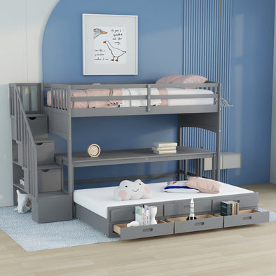 Twin XL Loft Bed with Twin Size Trundle and 3 Drawers, Storage, Desk, Gray