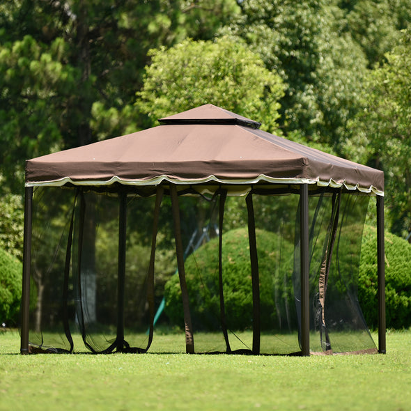 9.8Ft. Wx9.8Ft.LED Outdoor Iron Vented Dome Top Patio Gazebo with Netting for Backyard, Poolside and Deck, Brown