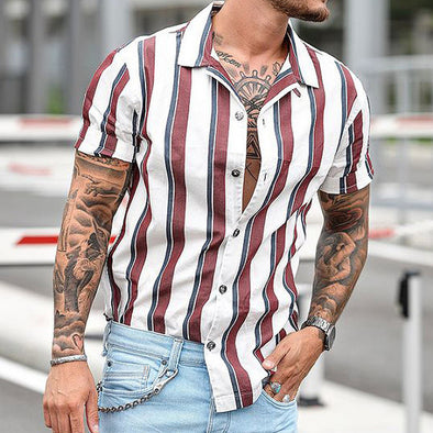 Casual striped slim-fit lapel cotton thin youth short-sleeved lapel shirt cardigan