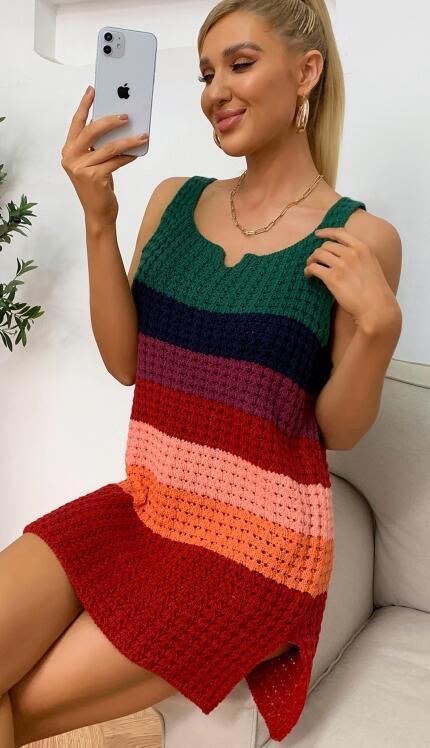 Women's Fashion Patchwork Rainbow Loose Tank Top Slip Dress