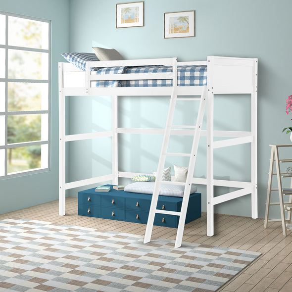 Solid Wood Twin Size Loft Bed with Ladder(White)