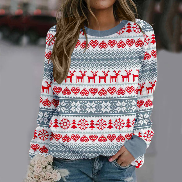 Christmas Print Round Neck Long-sleeved Fleece Sweatshirt