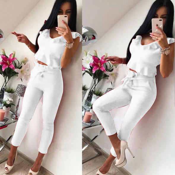 Two-Piece Solid Color Trousers Sleeveless Top With Ruffles