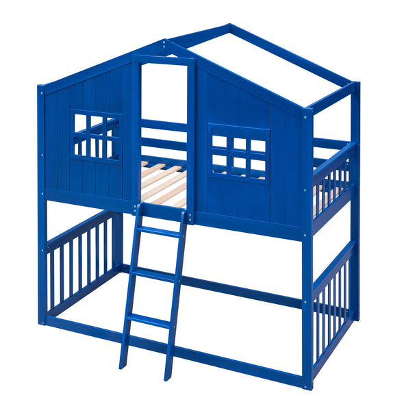 Twin Over Twin House Bunk Bed With Ladder, Wood Bed-Blue