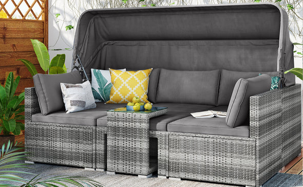 5 Pieces Outdoor Sectional Patio Rattan Sofa Set Rattan Daybed , PE Wicker Conversation Furniture Set w/ Canopy and Tempered Glass Side Table, Gray