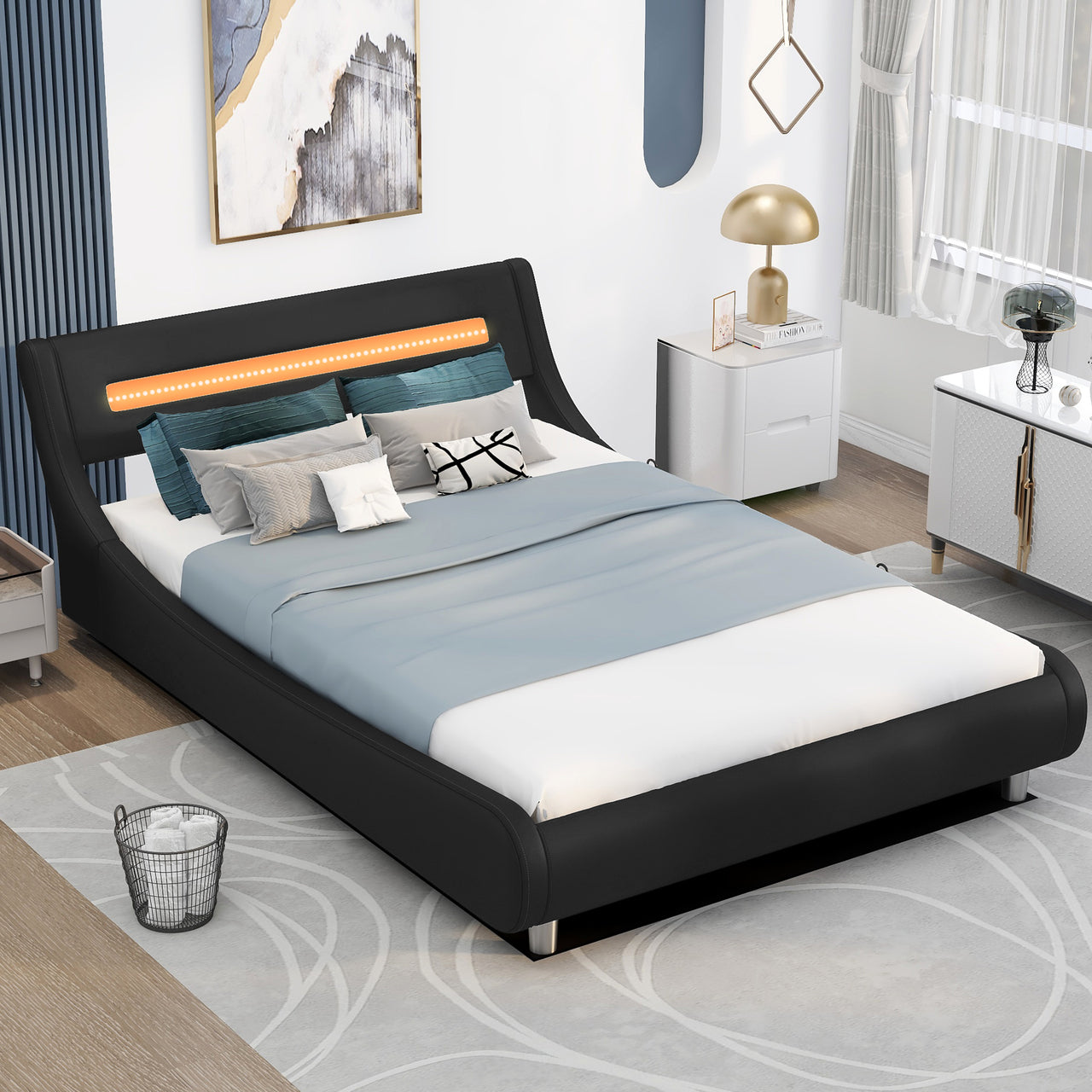 Full Size Low Profile Upholstered Platform Bed with LED headboard,Black