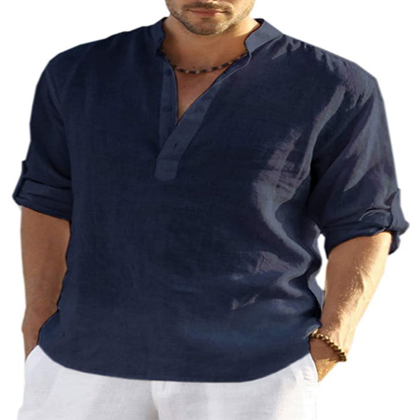Men's Casual Cotton Linen Solid Color Long Sleeve Shirt