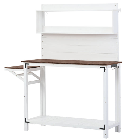 65inch Garden Wood Workstation Backyard Potting Bench Table with Shelves, Side Hook and Foldable Side Table,White
