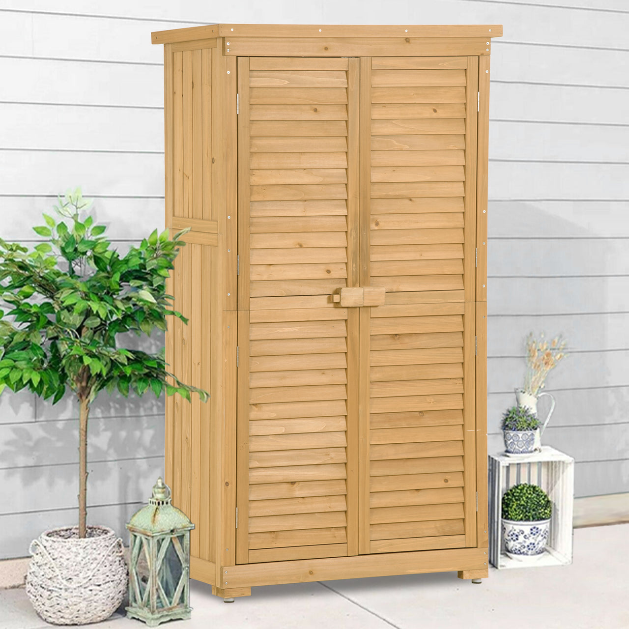 Wooden Garden Shed 3-tier Patio Storage Cabinet Outdoor Organizer Wooden Lockers with Fir Wood (Natural Wood Color -Shutter Design)