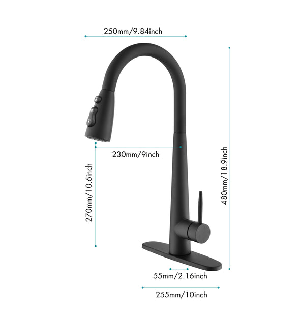 Black Kitchen Faucets with Pull Down Sprayer, Kitchen Sink Faucet with Pull Out Sprayer, Fingerprint Resistant, Single Hole Deck Mount