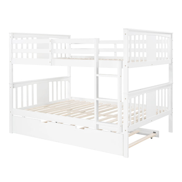 Full over Full Bunk Bed with Twin Size Trundle and Ladder-White