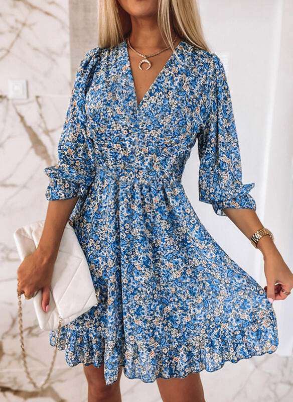 Printed Short Sleeve Puff Sleeve Mid-Rise Floral Dress