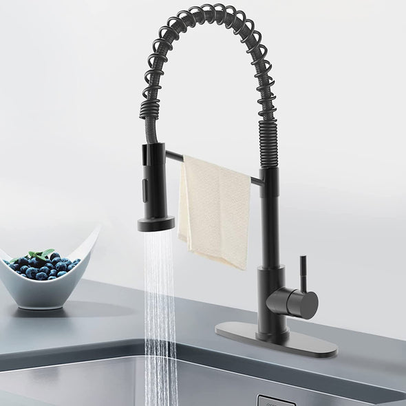 Mitcent Kitchen Faucet with Pull Down Sprayer 20 Inch, Matte Black, with Deck Plate, Single Handle, Single Hole, Stainless Steel for Kitchen Sink