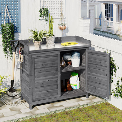 Outdoor 39" Potting Bench Table, Rustic Garden Wood Workstation Storage Cabinet Garden Shed with 2-Tier Shelves and Side Hook, Grey