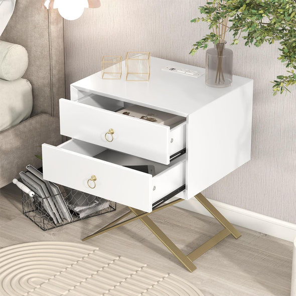 Nightstand with 2 Drawers & Golden Handle，Storage Bedside Table with USB Charging Ports- White