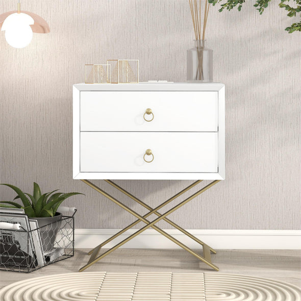 Nightstand with 2 Drawers & Golden Handle，Storage Bedside Table with USB Charging Ports- White