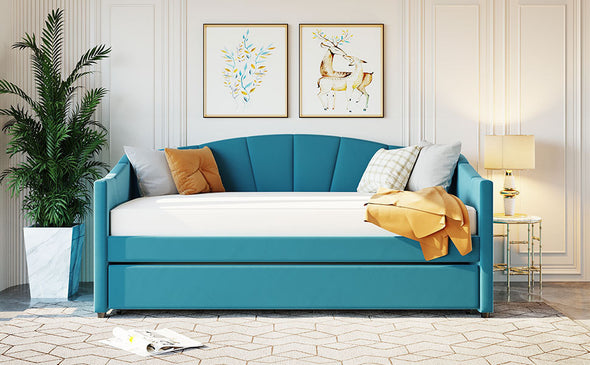 Upholstered Daybed Sofa Bed Twin Size With Trundle Bed and Wood Slat ,Blue