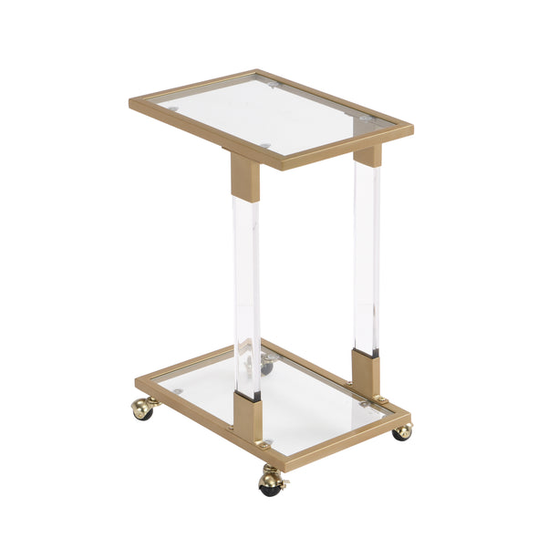 Golden Side Table, Acrylic Sofa Table, Glass Top C Shape Square Table with Metal Base for Living Room, Balcony Home and Office