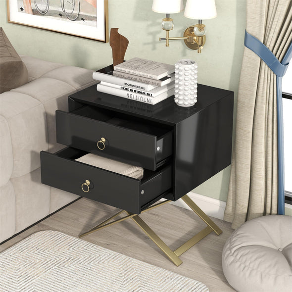 Nightstand with 2 Drawers & Golden Handle，Storage Bedside Table- Black