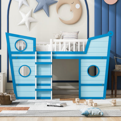 Twin Size Boat Shape Loft Bed with Ladder-Blue