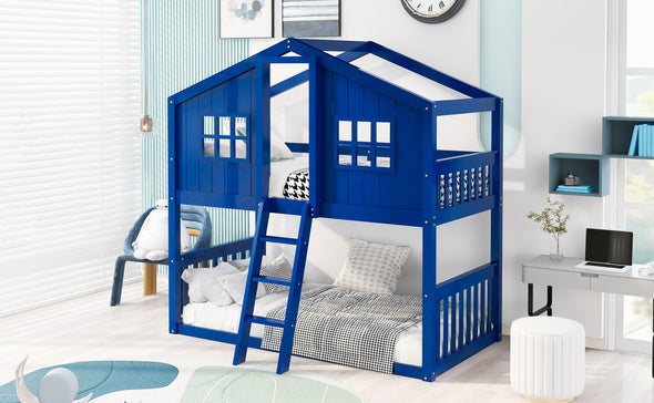 Twin Over Twin House Bunk Bed With Ladder, Wood Bed-Blue