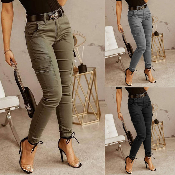Women's Trousers, Low-waisted Buttons, Solid Color Pockets