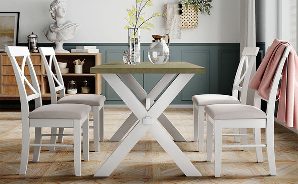 5 Pieces Farmhouse Rustic Wood Kitchen Dining Table Set with Upholstered 4 X-back Chairs, Gray Green+White+Beige