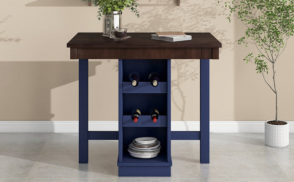 Farmhouse Counter Height Dining Table, Square Wood Table with 3-Tier Adjustable Storage Shelves and Wine Racks for Small Spaces, Brown and Blue