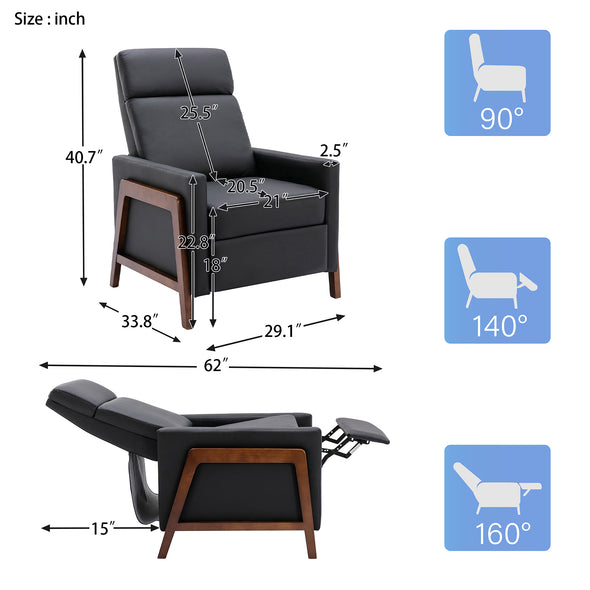 Set of Two Wood-Framed PU Leather Recliner Chair Adjustable Home Theater Seating with Thick Seat Cushion and Backrest Modern Living Room Recliners Black