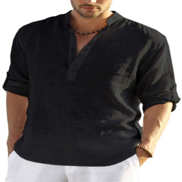 Men's Casual Cotton Linen Solid Color Long Sleeve Shirt
