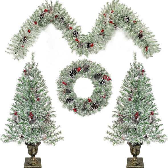 Pre-lit Xmas Tree Artificial Christmas 4-Piece Set,Garland, Wreath and Set of 2 Entrance Trees X-mas