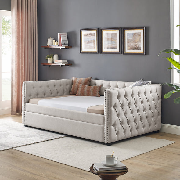 85“x57”x31.5“ Daybed with Trundle Upholstered Tufted Sofa Bed, with Button and Copper Nail on Square Arms,Full Daybed & Twin Trundle, Beige
