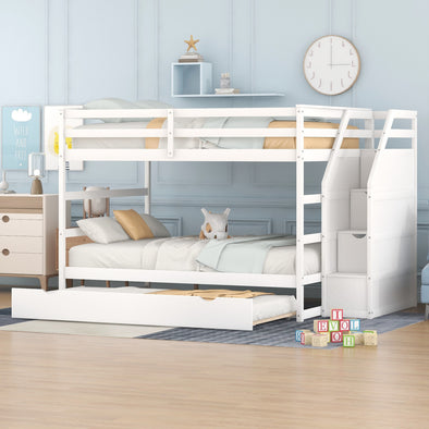 Full-over-Full Bunk Bed with Twin Size Trundle and 3 Storage Stairs,White