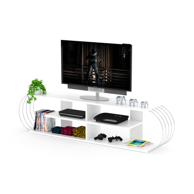 68 inch Mid Century Modern Tv Stand 4 Shelves Open Storage Entertainment Centre Tv Unit, White/Chrome
