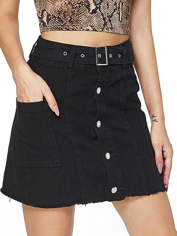 Women's Black Half Body Plus Size Buttoned Denim Short Skirt