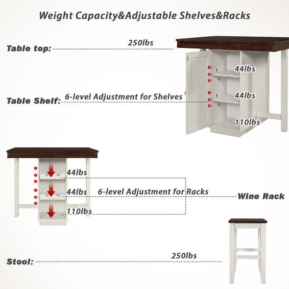Farmhouse Counter Height Dining Table, Square Wood Table with 3-Tier Adjustable Storage Shelves and Wine Racks for Small Spaces,  White