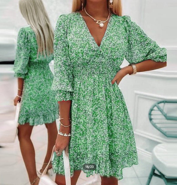 Printed Short Sleeve Puff Sleeve Mid-Rise Floral Dress