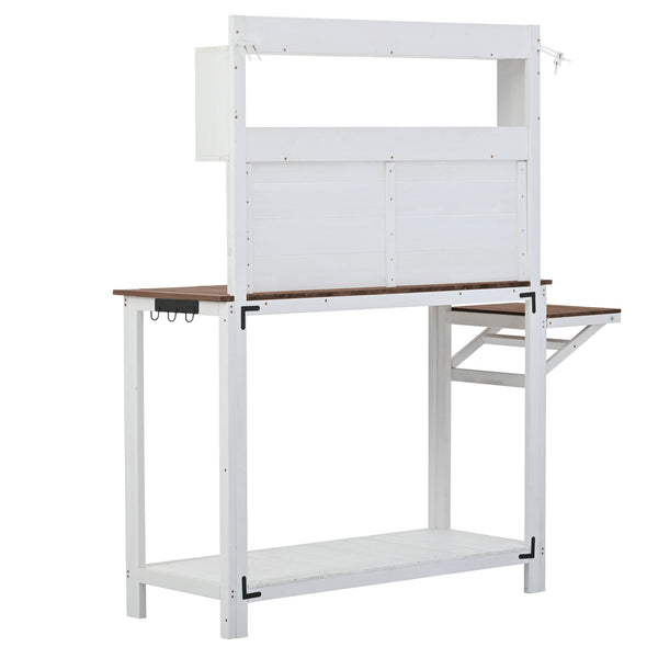 65inch Garden Wood Workstation Backyard Potting Bench Table with Shelves, Side Hook and Foldable Side Table,White
