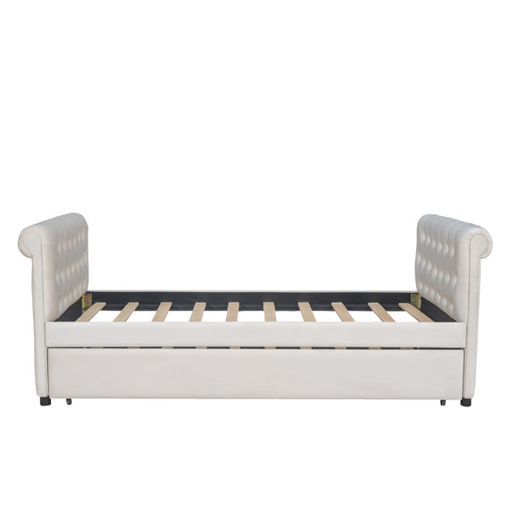 Twin Size Upholstered daybed with Trundle, Wood Slat Support, Beige