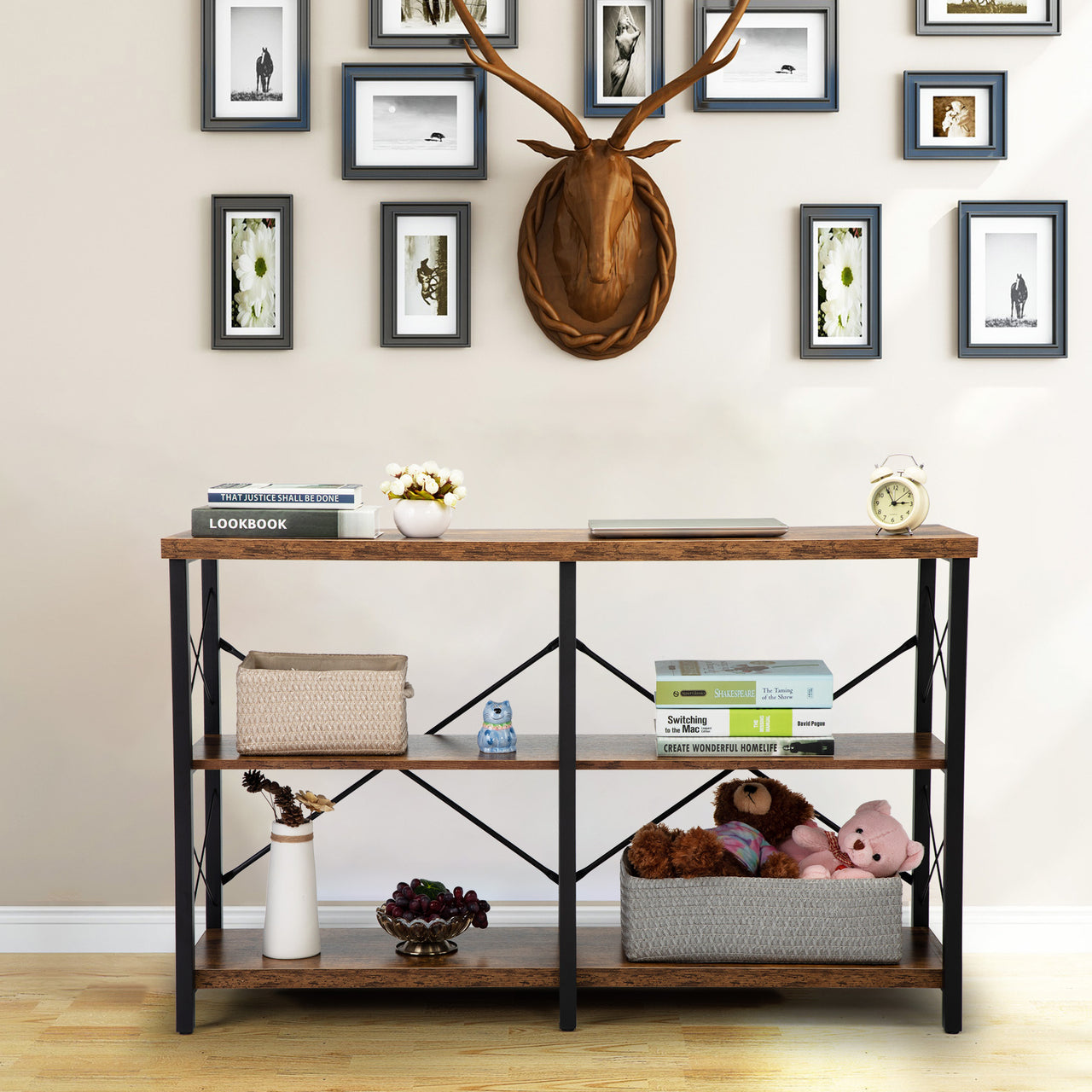 Industrial Wall Mounted Iron Floating Pipe Shelves Racks Storage Bookcases - 3 layers