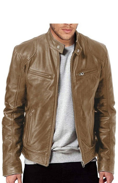 Men's Thermal PU Leather Stand Collar Slim Pocket Jacket