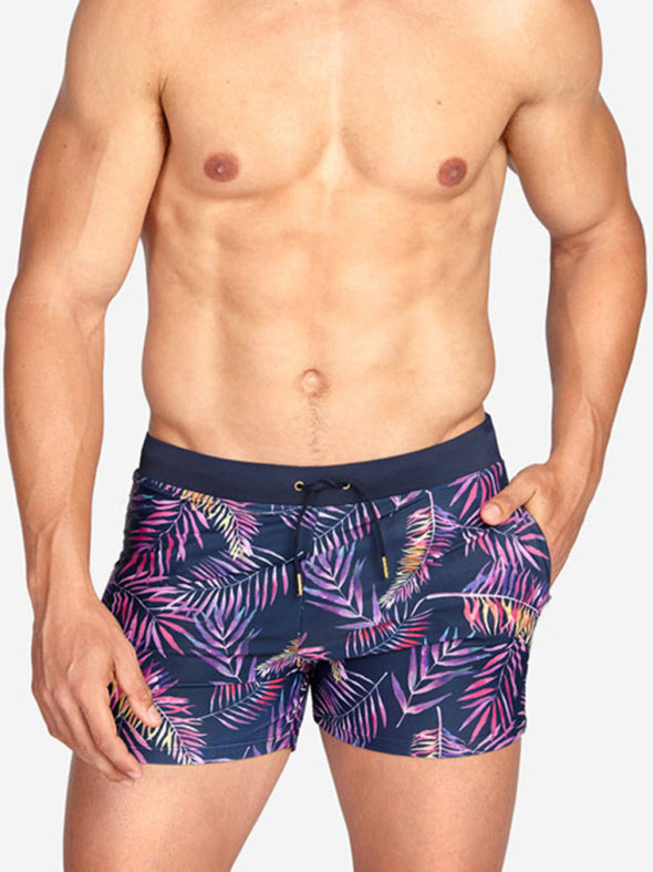 Men's Colorful Leaf Print Pocket Zip Boxer Swim Shorts