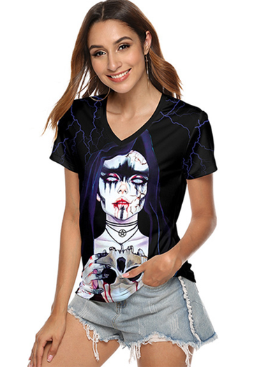 Women's 3D Short Sleeve Digital Print Halloween Skull Personality T-Shirt