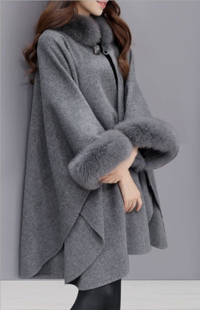 Korean Fox Fur Collar Style Cape Coat Woman