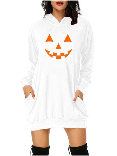 Women's Halloween Pumpkin print medium long pocket Hoodie long sleeve sweater
