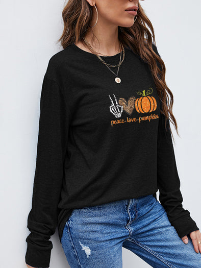 Women's Casual Pumpkin Print Crew Neck Long Sleeve Top