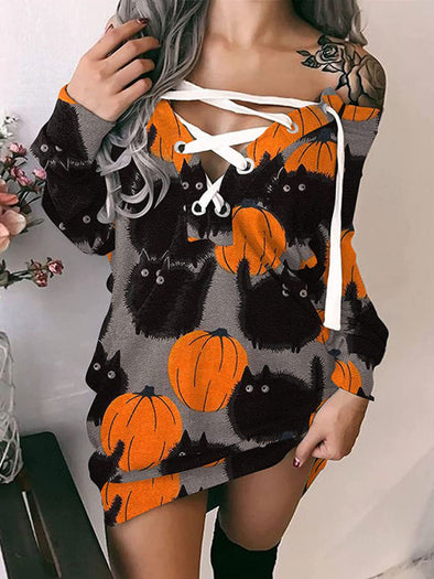 Women's Halloween V-neck strapless loose long-sleeved dress
