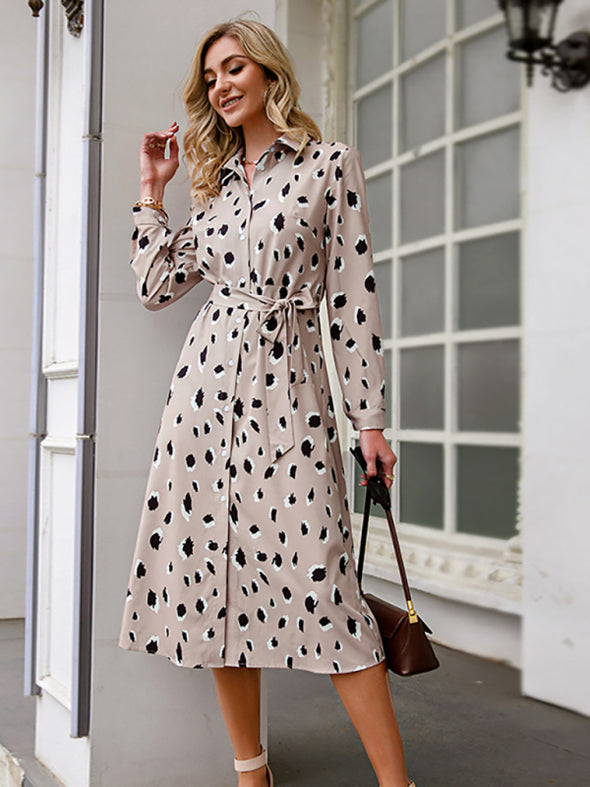 Polka Dot Print Long Sleeve Lapel Elegant Shirt Dress