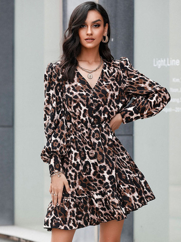 Women’s Leopard Print Long Sleeve Front Button Faux Belted Mini Shirtdress
